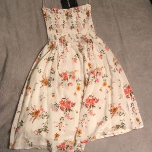 Strapless dress; white with peach colored flowers